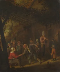 Campesinos festejando fuera de una posada